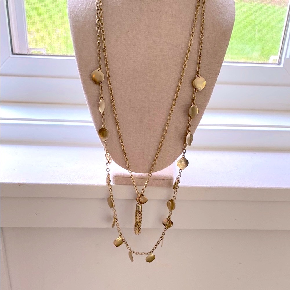 Gold long double strand, tassel, Gold-Tone Necklace